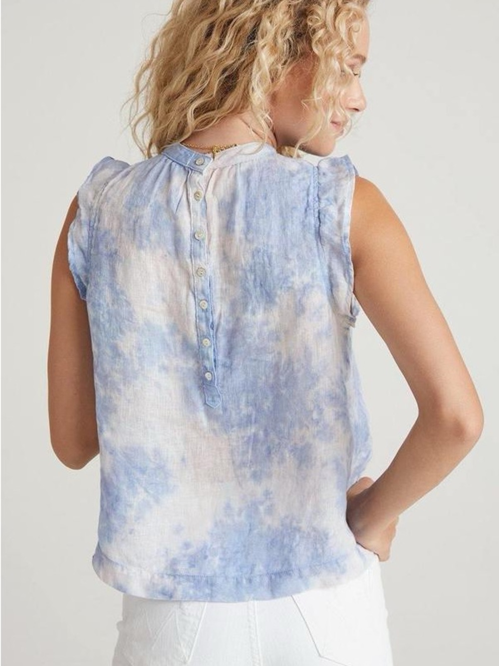 Bella Dahl Light Blue and White Tie-Dye Sleeveless Linen Top